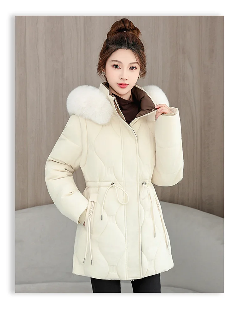Simple Solid Color Large Fur Collar Hooded Removable Long-sleeved Down Cotton Jacket Women's 2025 Winter Thickened Warm Jacket