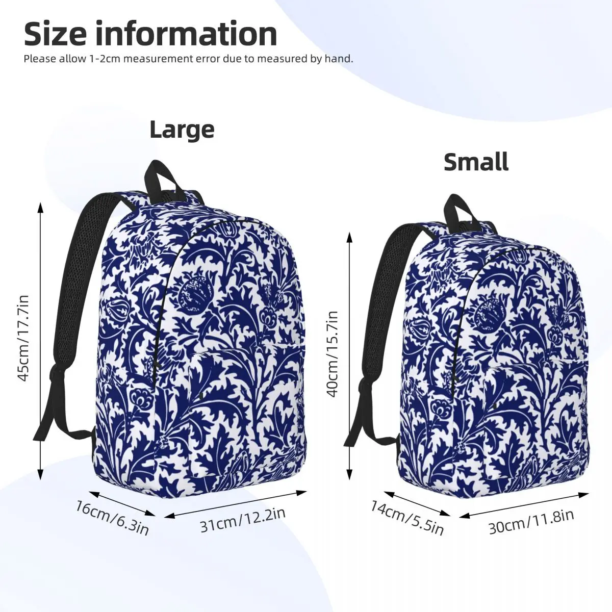 William Morris-mochila Damask para niños y niñas, morral de color azul cobalto y blanco para estudiantes de escuela primaria, guardería