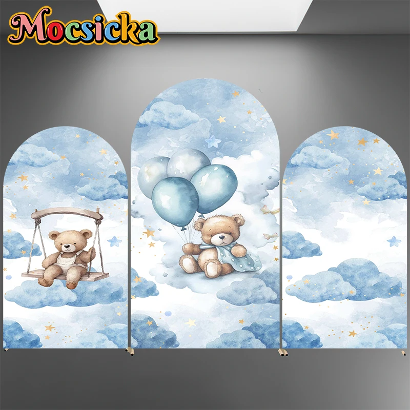 Mocsicka ours arc toile de fond couverture enfant bébé douche anniversaire Photo arqué fond tissu doux bleu nuage ballons décor de fête
