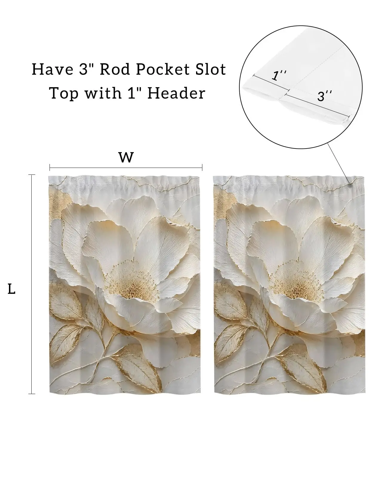 White Peonies Kitchen Curtains - 45 Inch Length Kitchen Window Curtains Over Sink - Short Blackout Curtain for Windows