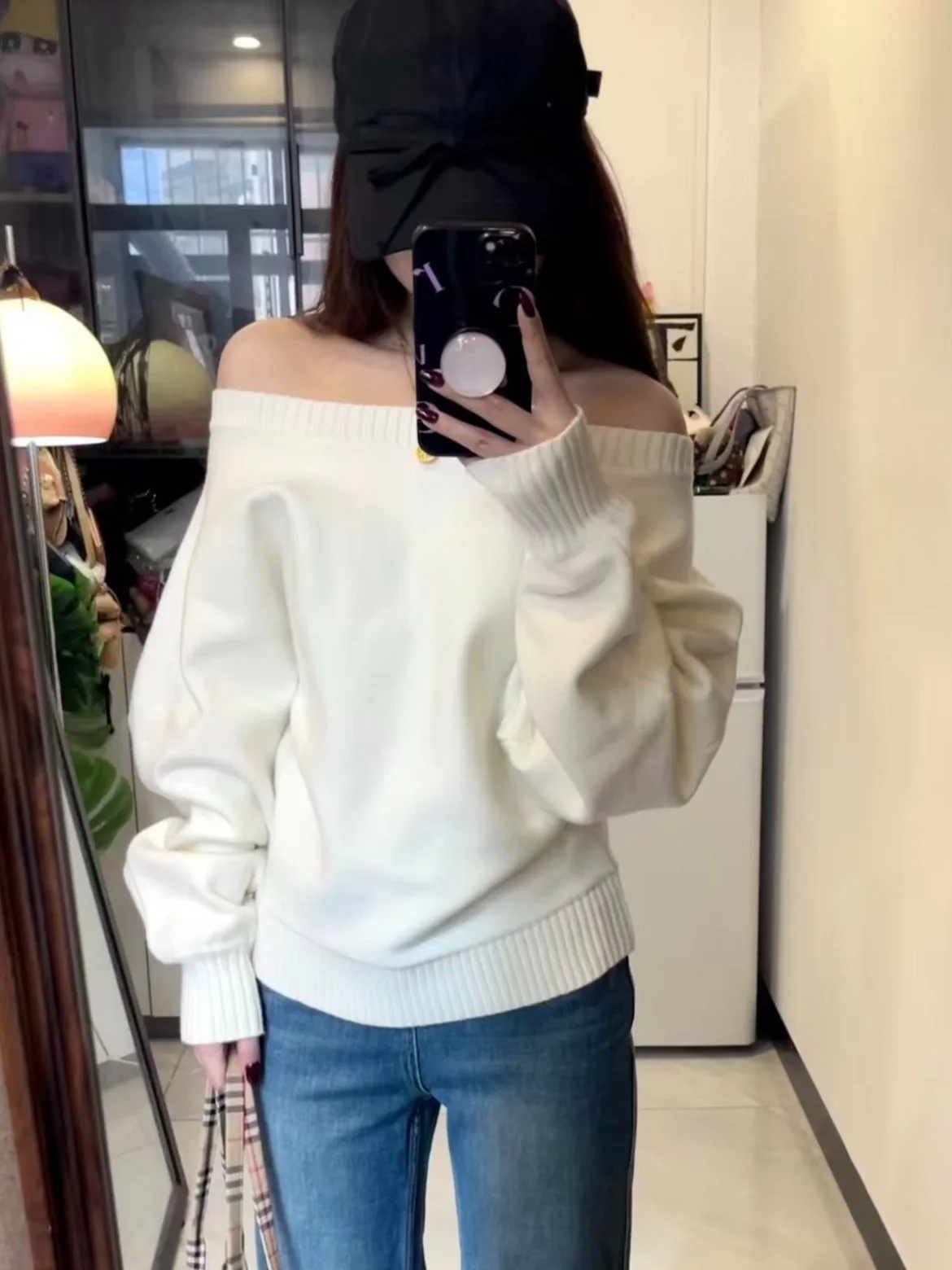

White One-oulder Knit Sweater Women's Autumn Winter Loose Slimming Overhead Base Layer Korean Sle Comfortable Long Sve