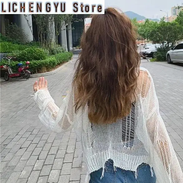 New Woman Thin Sweaters Hollow Out Gothic Clothing Pullover Women Hole Broken Tops Ladies Goth Pull Knit Women's Neck Sweater