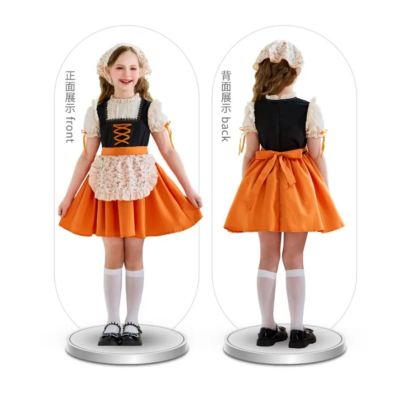 

2-12T Oktoberfest Dirndl Dress Bavarian Beer Maid Costume Orange Black Traditional German Outfit for Princess Halloween Cosplay