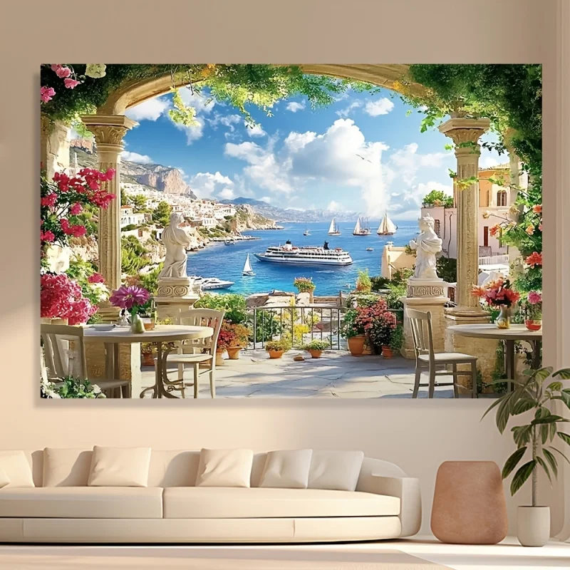 Italian Garden Terrace & Mediterranean Bay Landscape Tapestry Wall Hanging for Living Room Bedroom Office Unique Decor