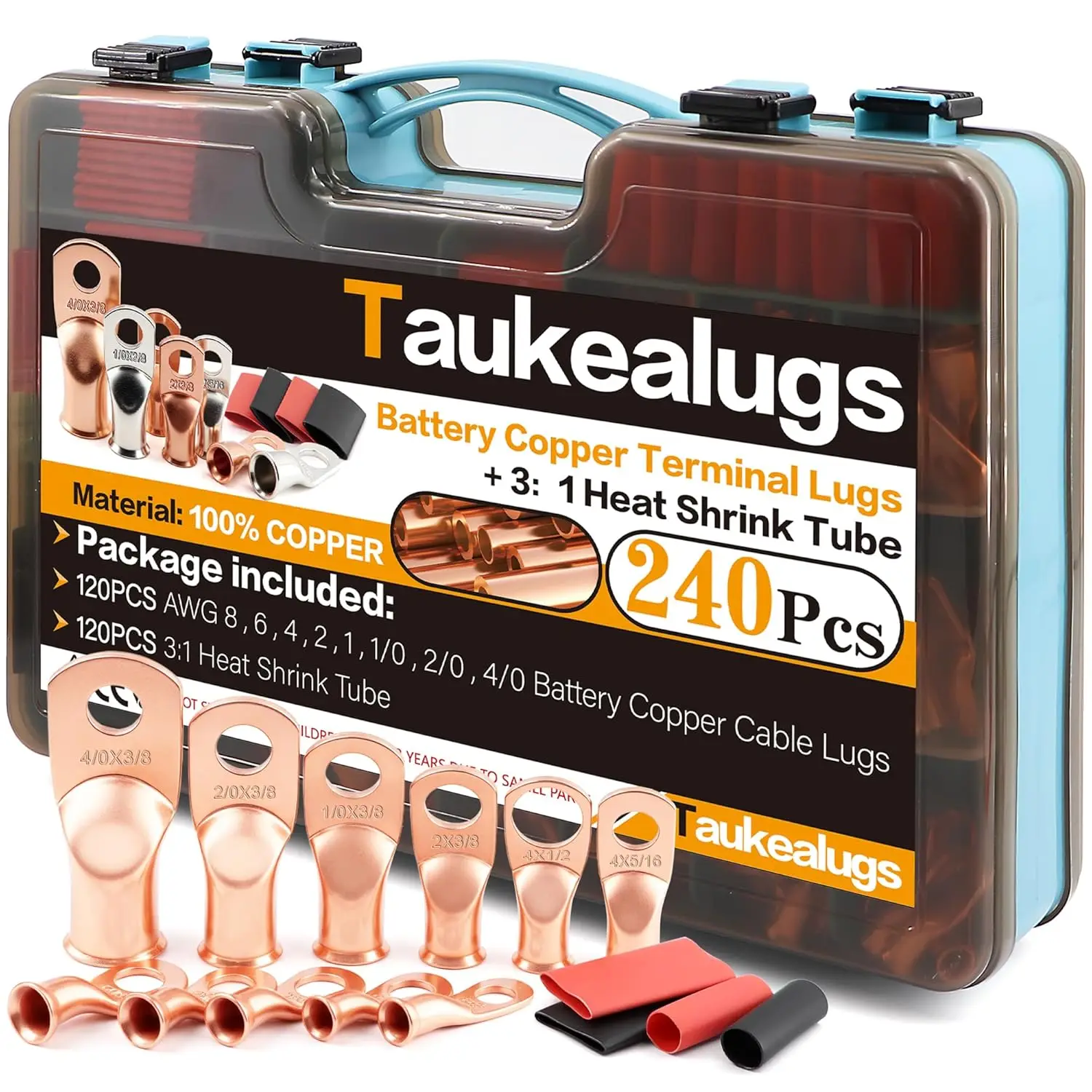 

240Pcs Copper Battery Cable Terminals with Heat Shrink Tube Kit, AWG 8-4/0 Gauge, Ring Lugs Assortment