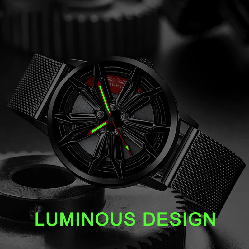BORUSE Fashion Mens Car Wheel Watches Mesh Belt Waterproof Watch Men Quartz Wristwatch Luminous Clock relogio masculino