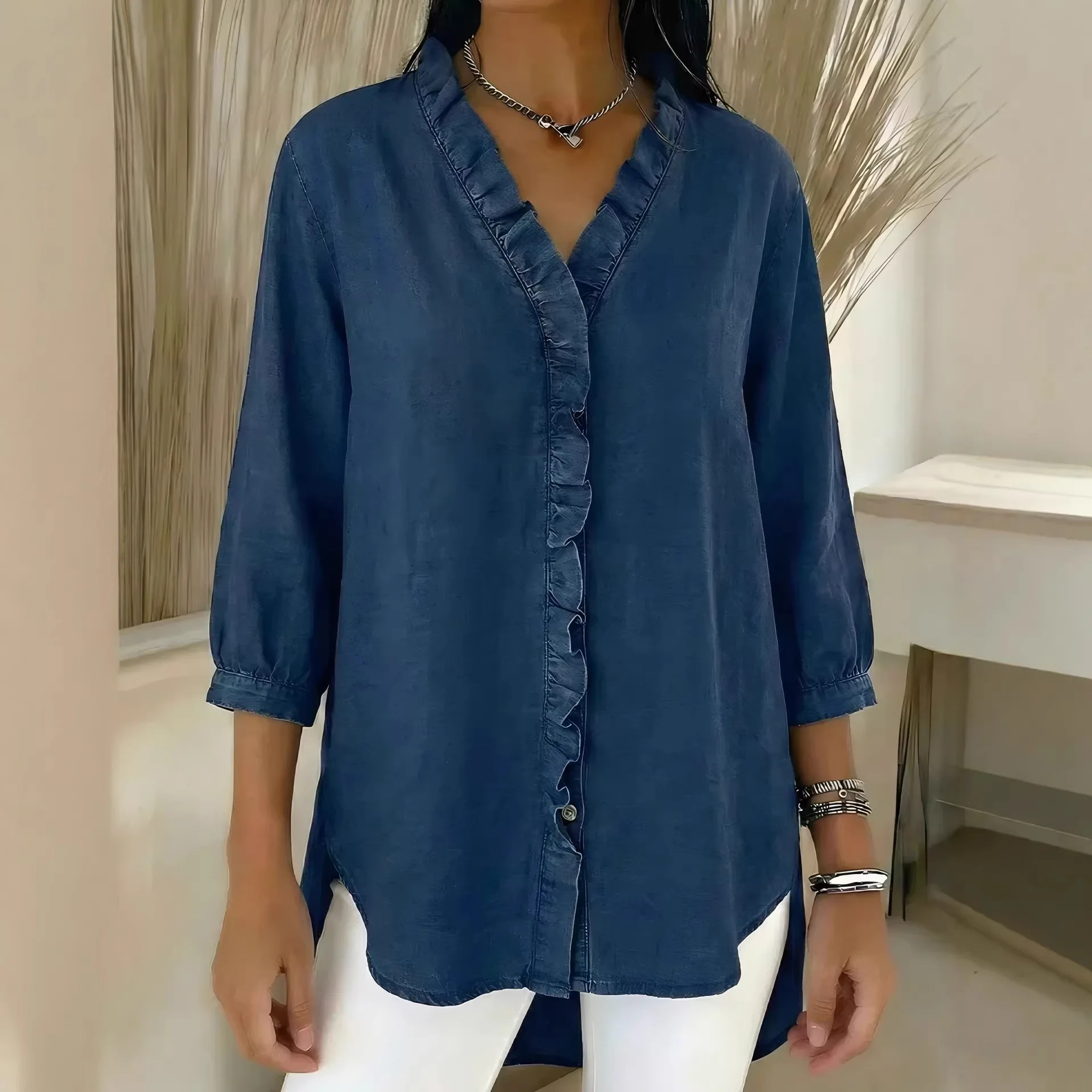 

Женская повседневная блузка с V-образным вырезом и длинными рукавами, с рюшами, однотонная, летняя, универсальная, свободного кроя, для работы и повседневной носки на каждый день