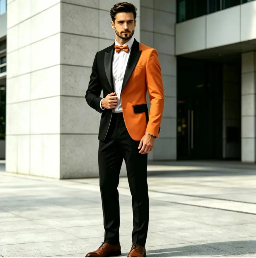 Color Block Men Tuxedo Suits 2 Piece Black Satin Lapel Patchwork Blazer Trousers Set Wedding Prom Evening Party Outfit for Men