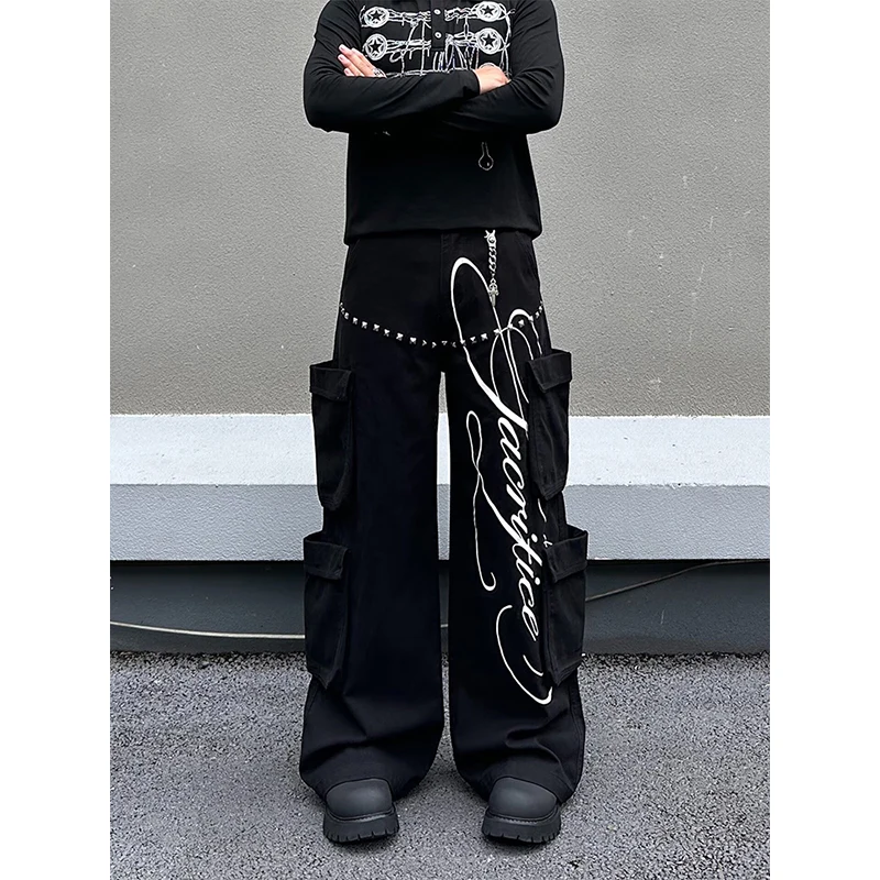 Retro American High Street Wide Leg Pants Men's Loose Black Print Casual Trousers Man's Fashionable Design Sensation