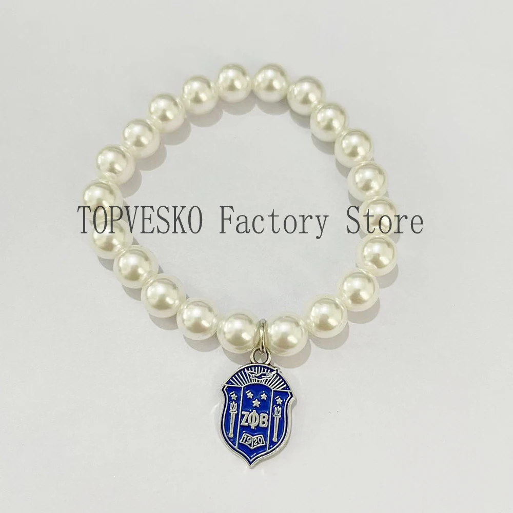 10MM Pearl Bracelet Zeta Phi Beta Letter Shield Pendant