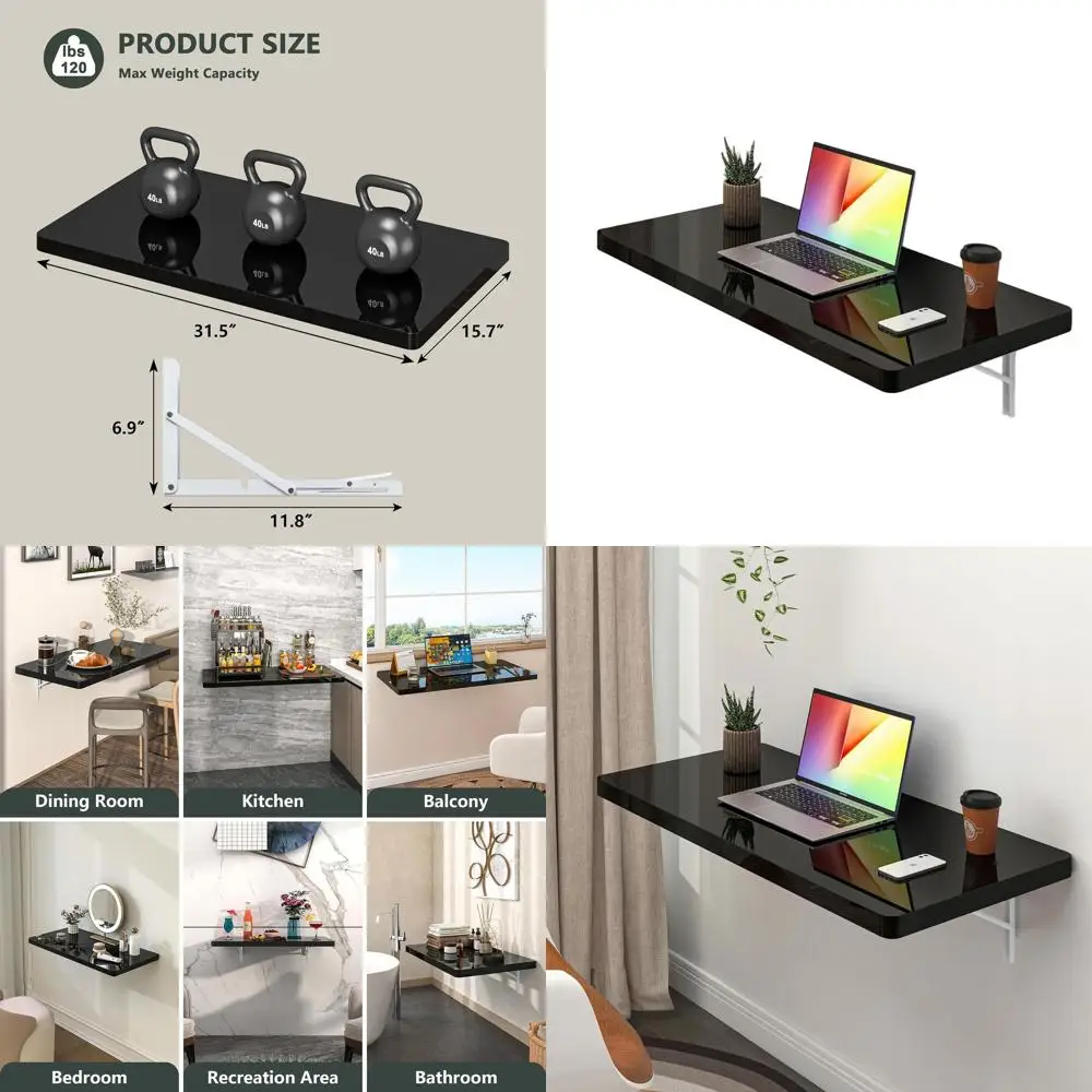

Compact Glossy Folding Wall Desk for Multi-Purpose Spaces: Laundry, Office, Kitchen, Bedroom, Home Bar, Black (31.5×15.7)