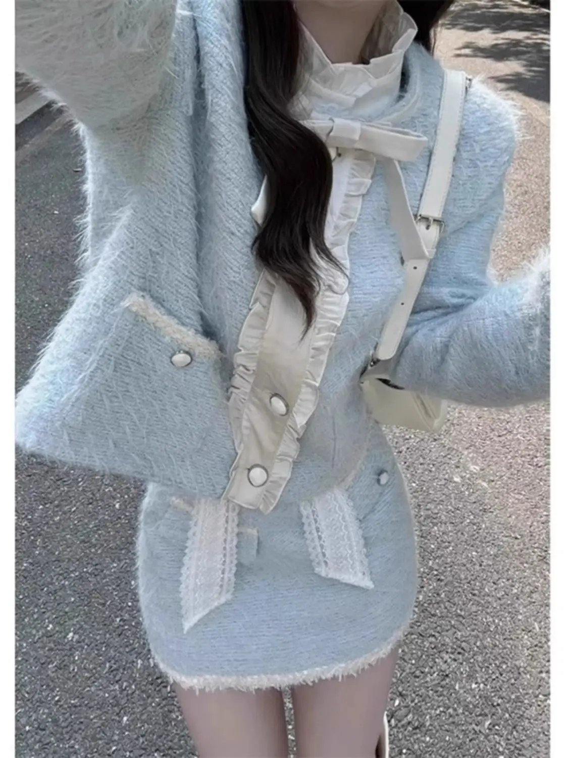 طقم نسائي كوري بتصميم فرنسي أنيق مكون من قطعتين أنيق للتنحيف الحلو الأزرق الدافئ طقم ملابس مكتب للسيدات ملابس الحفلات النسائية