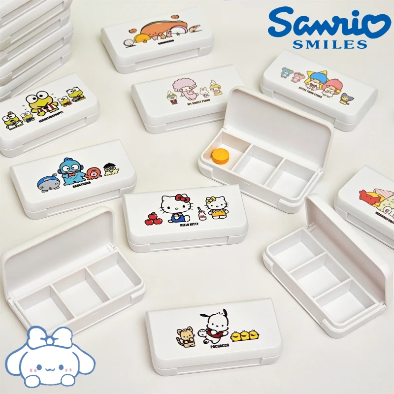 6.4*4.4cm Sanrio Mini Pill Box Cartoon Figure Kawaii Kuromi Melody Three-compartment Storage Box Food Grade PP Travel Portable