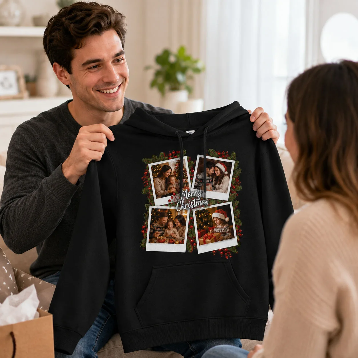 Personalized Christmas Hoodie Custom Photo Sweatshirt Family Gift Holiday Memory Pullover Winter Top Couple Gift Women Men