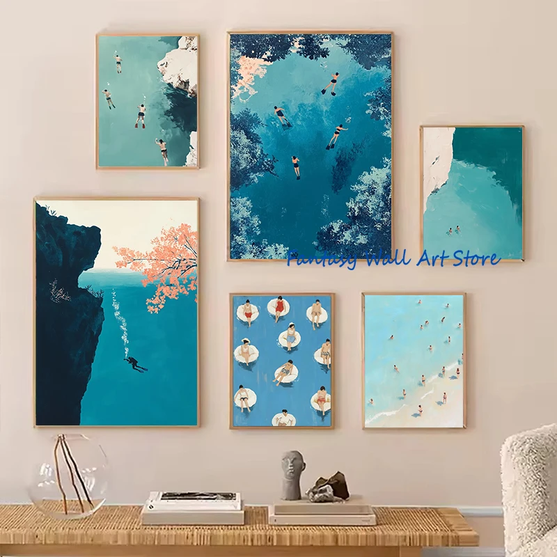 Minimalist Tiny People Swimming in Ocean Summer Scuba Diver Beach Pool Swimming Poster Canvas Painting Wall Pictures Home Decor