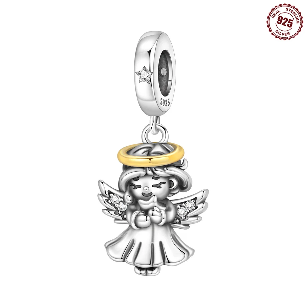 S925 Sterling Silver Guardian Angel Charm Two-tone Gold Halo Praying Angel Pendant Fit Bracelets Protection Jewelry Gift