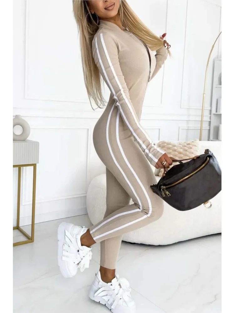 Fashion V-neck Long Sleeve Stripe Bodycon Jumpsuits 2025 Woman Autumn Winter Solid Sport Zipper Slim Jumpsuits For Women