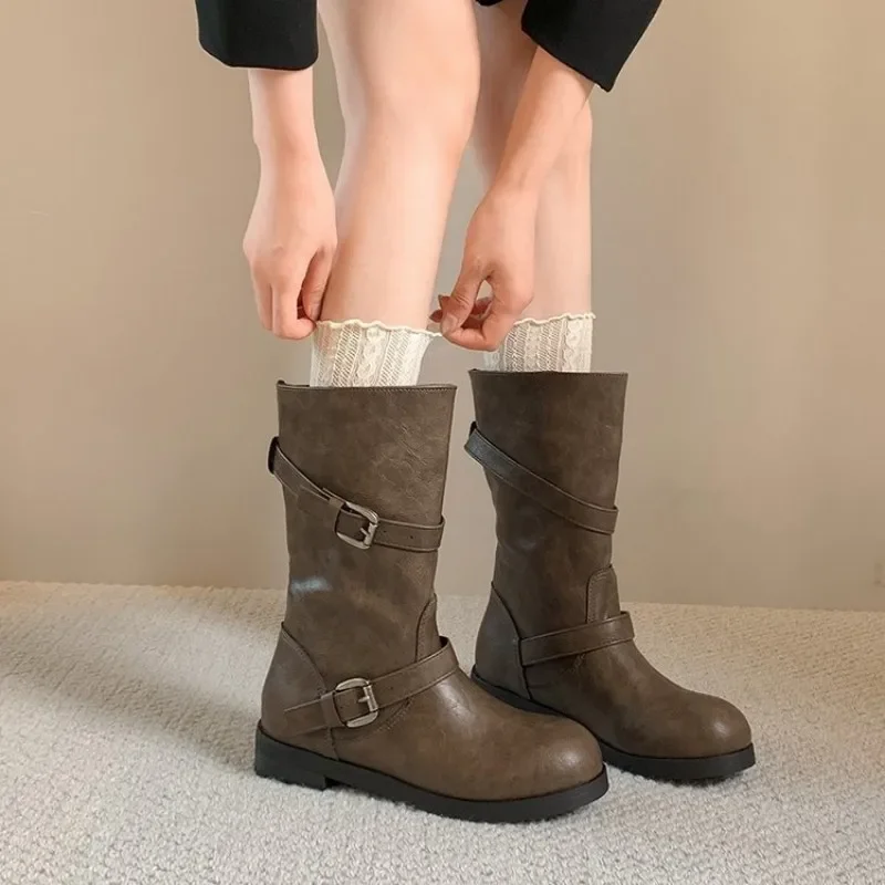 Women Vintage Distressed Slouchy Mid-Calf Boots Double Buckle Straps Low Heel Non Slip Casual Autumn Winter Footwear
