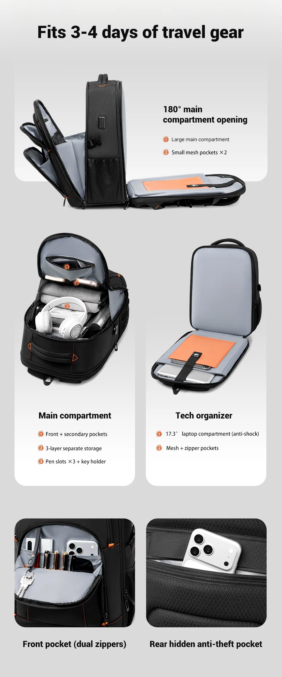 Heroic Knight Multi-function Business Backpack For Men Travel Expandable 17.3" Laptop Bag USB Waterproof Stylish College Daypack