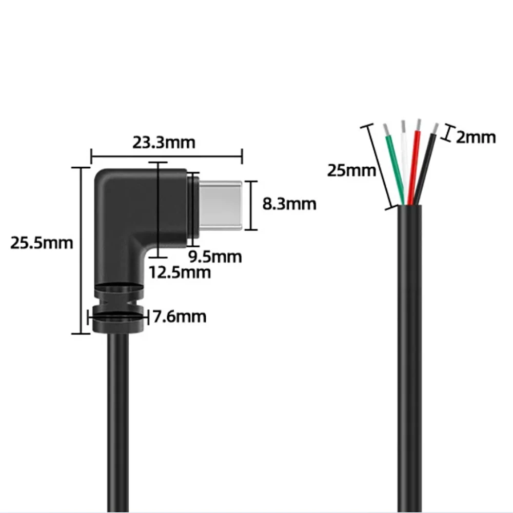 JCD 2Pin 4Pin  USB / Type C Charger Connector USB 2.0 Type A Elbow Head Male Power Supply Extension Cable DIY Data Line