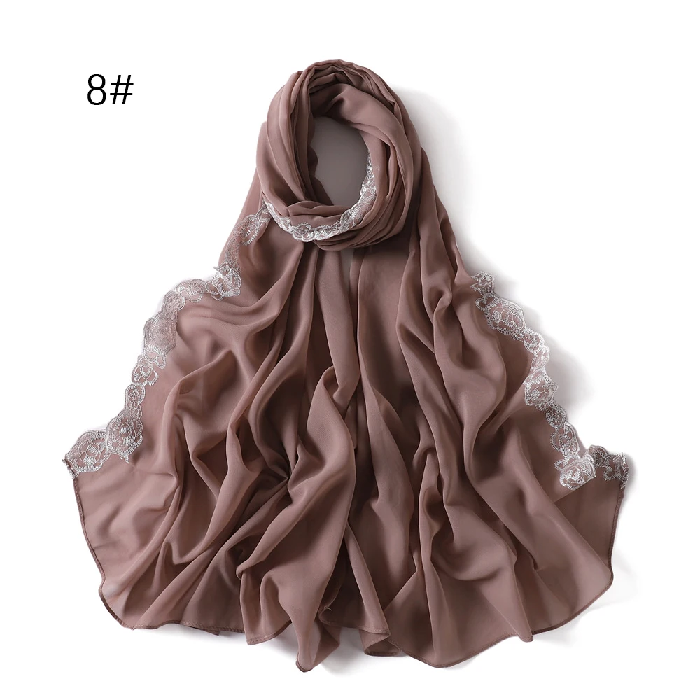 Moslim Vrouwen 2 Side Lace Chiffon Hijab Chiffon Hijaabs Met Kant Hijab Met Borduurwerk Rose Bloem Rand Veters Patches Decoratie