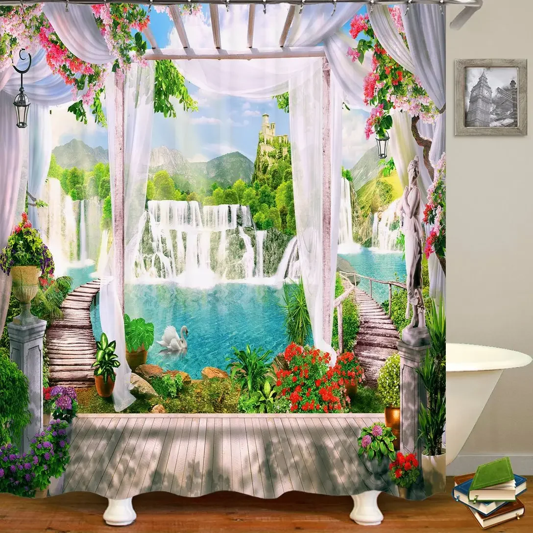 Waterproof Shower Curtain Rural Garden Flowers Birds Seaside Scenery Bathroom Curtains Beautiful landscape Bath Screen with Hook