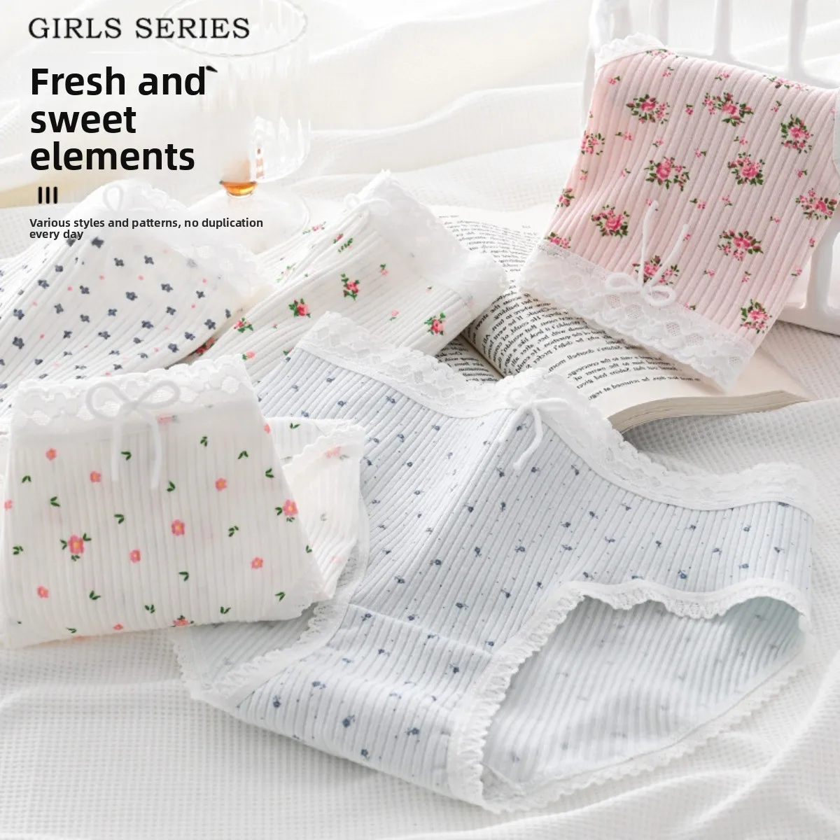 5 Pack Japanese Style Sweet Floral Lace Edge Panties Girls Pure Desire Mid Waist Breathable Skin friendly Cotton Crotch Briefs