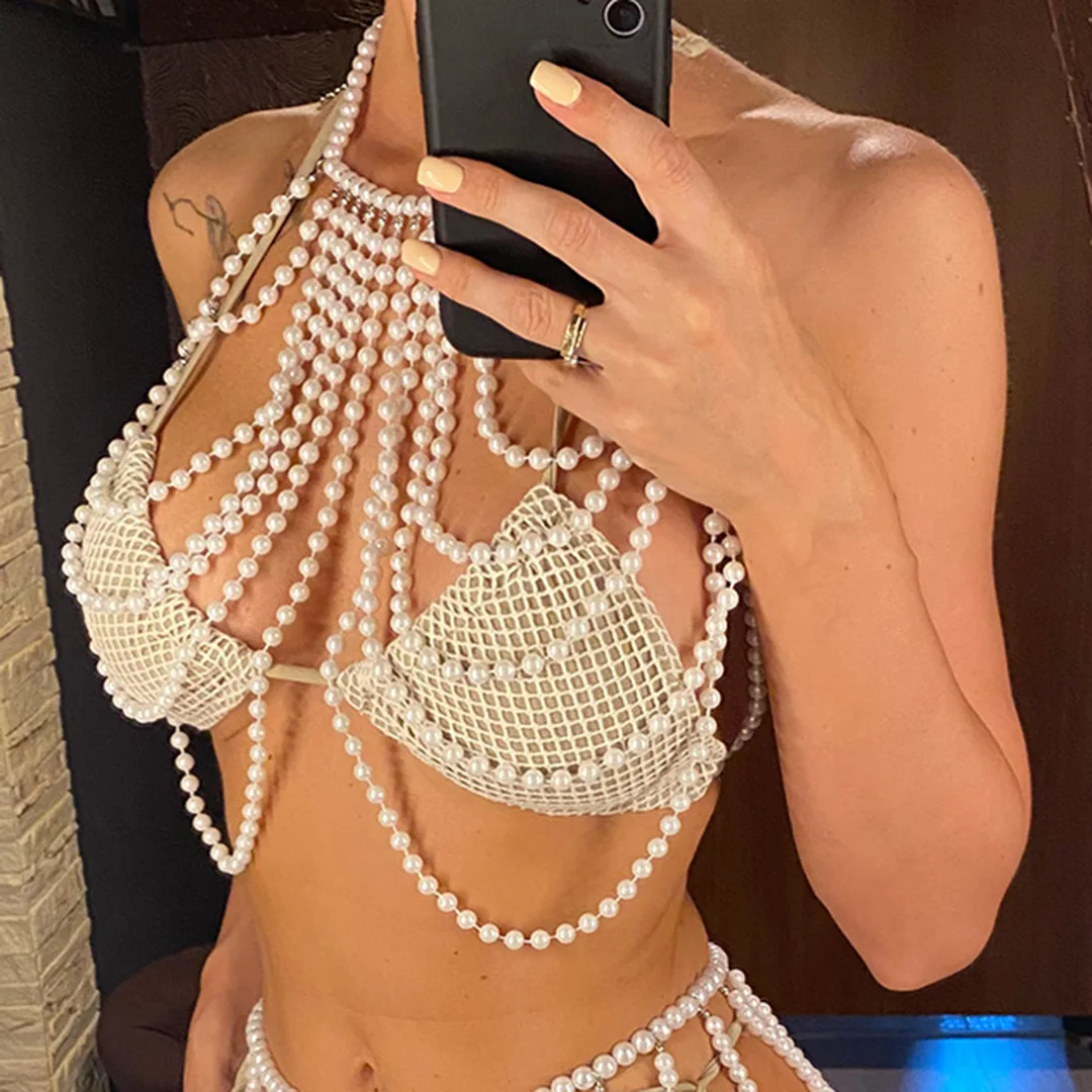Luxuriöses Perlen-Neckholder-Bikini-Oberteil, durchsichtig, Damen-Badeanzug, Badebekleidung, Badeoberteil, Badeanzug, Badebekleidung, Badeoberteil mit Ausschnitten, Strandtop V5407 – Detail 4