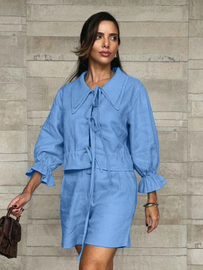 Marthaqiqi Loose Women Sleepwear Set Long Sleeve Nightgown Turn-Down Collar Nightwear Lace Up Pajamas Shorts Ladies Nightie Suit