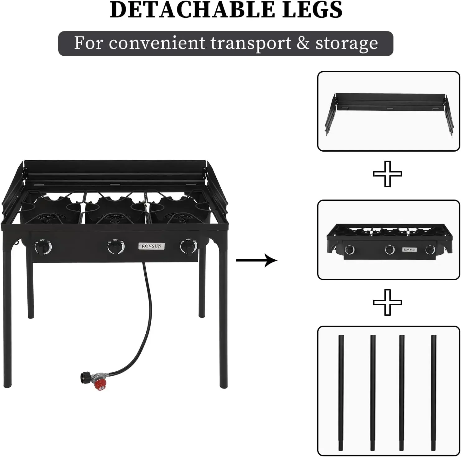 3-Burner Outdoor Portable Propane Burner Stove 225,000-BTU Gas Cooker with Windscreen & Carrying Bag, Heavy Duty Iron Cast Patio