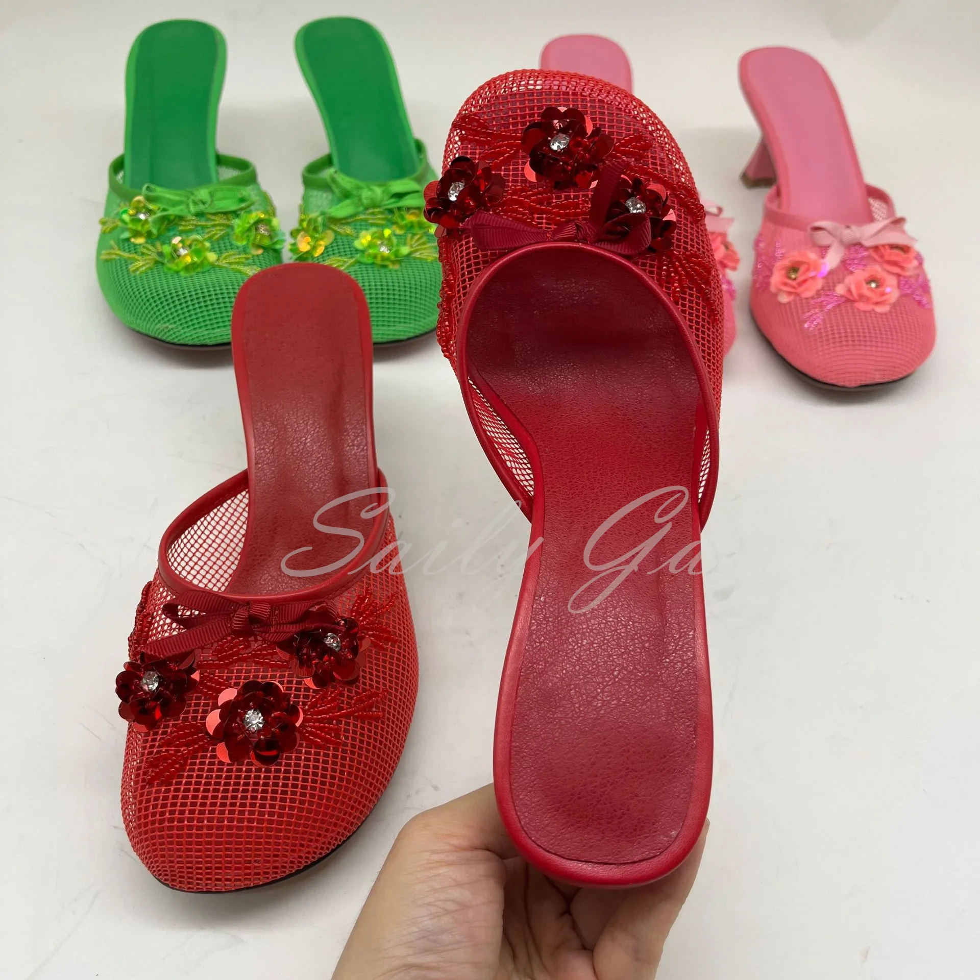 Pink Mesh Sequin Slide Beaded Chinese Slippers Floral Embellished Shoes Summer Round Toe Wine Glass Heel Black Low Heel Mules