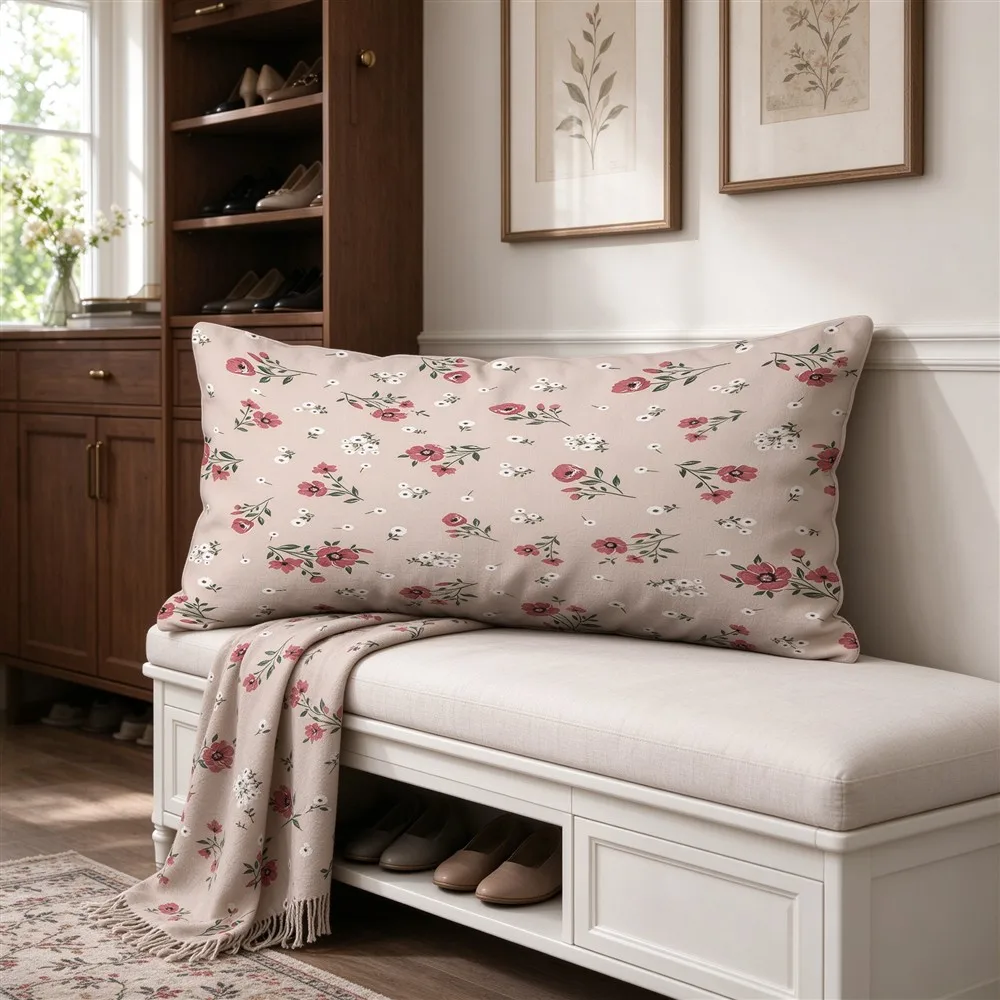 White Pink Sweet Ditsy Print Long Pillow Cover, Charming Style, Entryway Decorative, Polyester, Photo Prop, Velvety Touch