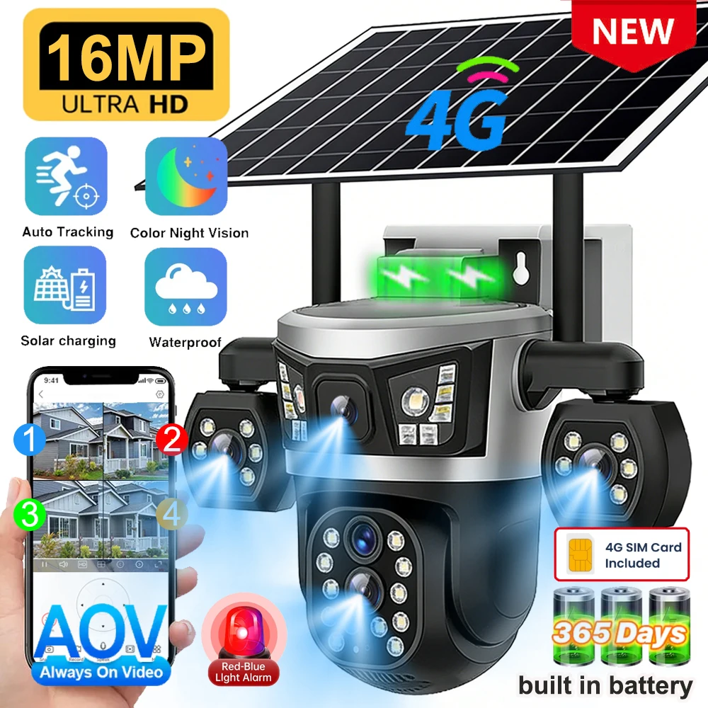 V380 Pro 16MP 4G Cellular Security Cameras With Solar Panel Quad Lens PTZ CCTV Monitor Human Detection AOV 24 Hours Recording Outdoor Wireless Battery Powered Camera Include 4G Sim Card