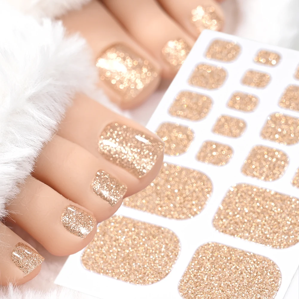 

Champagne 1Sheet 22Tips Toenail Nail Polish Stickers Baking-free 3D Glitter Toe Nail Wraps Summer Shiny Adhesive Toe Gel Decals-