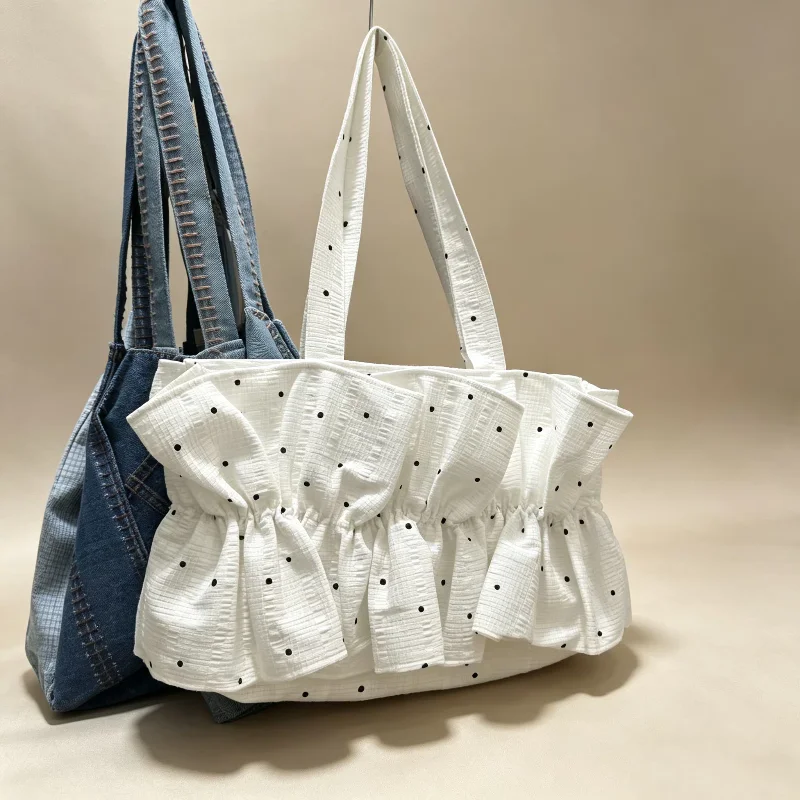 

Сумка-тоут с плиссировкой в горошек, большая вместительная сумка через плечо с рюшами и пряжкой, повседневная, простая, универсальная сумка для студентов/поездок на работу