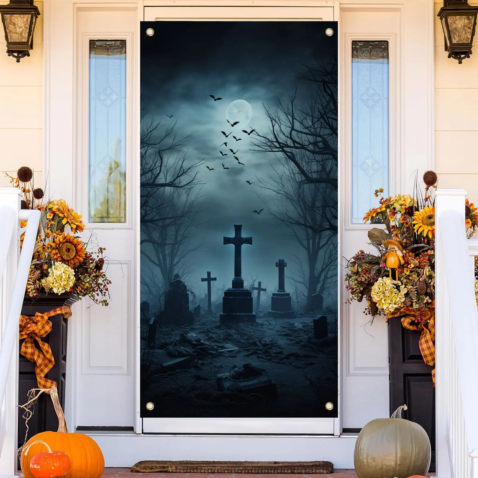 70 × 35 calowy Halloween transparent drzwi w pełni księżyca cmentary fotografia nietoperza zdjęcie pokrywa transparent dekoracje na Halloween