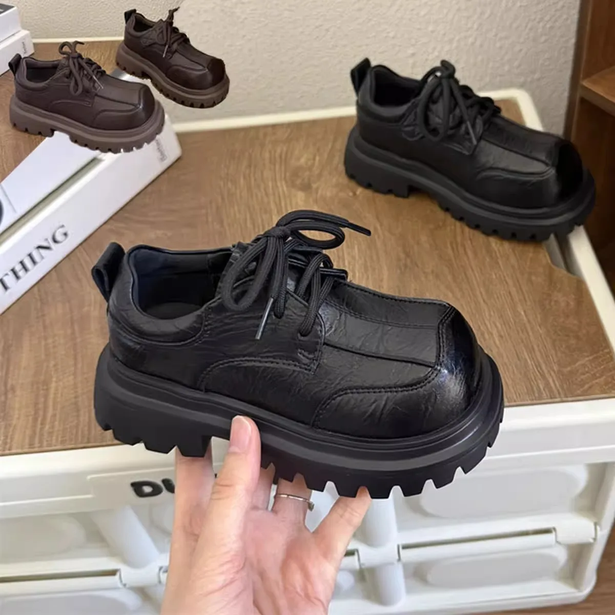 College Style Black Platform Oxford Shoes Children Fashion Lace Up Leather Thick Heel Pumps Girls Square Round Toe Student Shoes