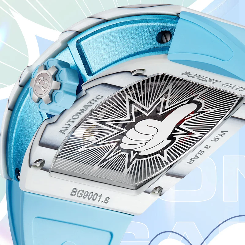 BONEST GATTI Men Automatic Watch 52mm Tonneau Mechanical Wristwatch Carbon Fiber Bezel Sapphire Mirror Luminous 3D Cartoon Dial