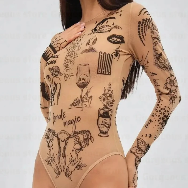 Skin Color Unique Design Sense Pattern Printed Round Neck Slim Fit Sexy Spring Autumn Long Sleeved Tight Fitting Bodysuit Womens
