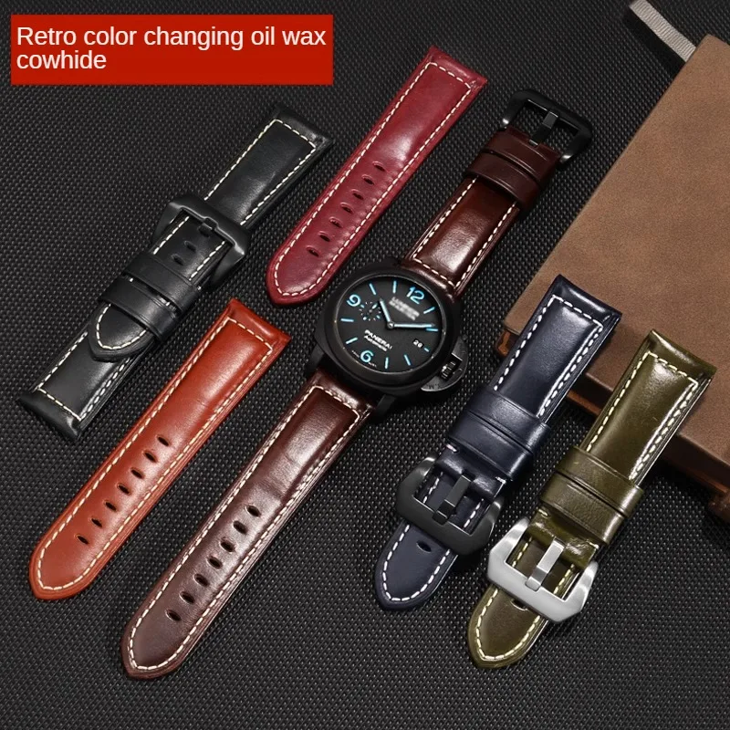 Universal Genuine Leather Watch Band of Various Brands 20/22/24/26mm Flat Interface Oil Wax Cowhide Leather Watch Strap