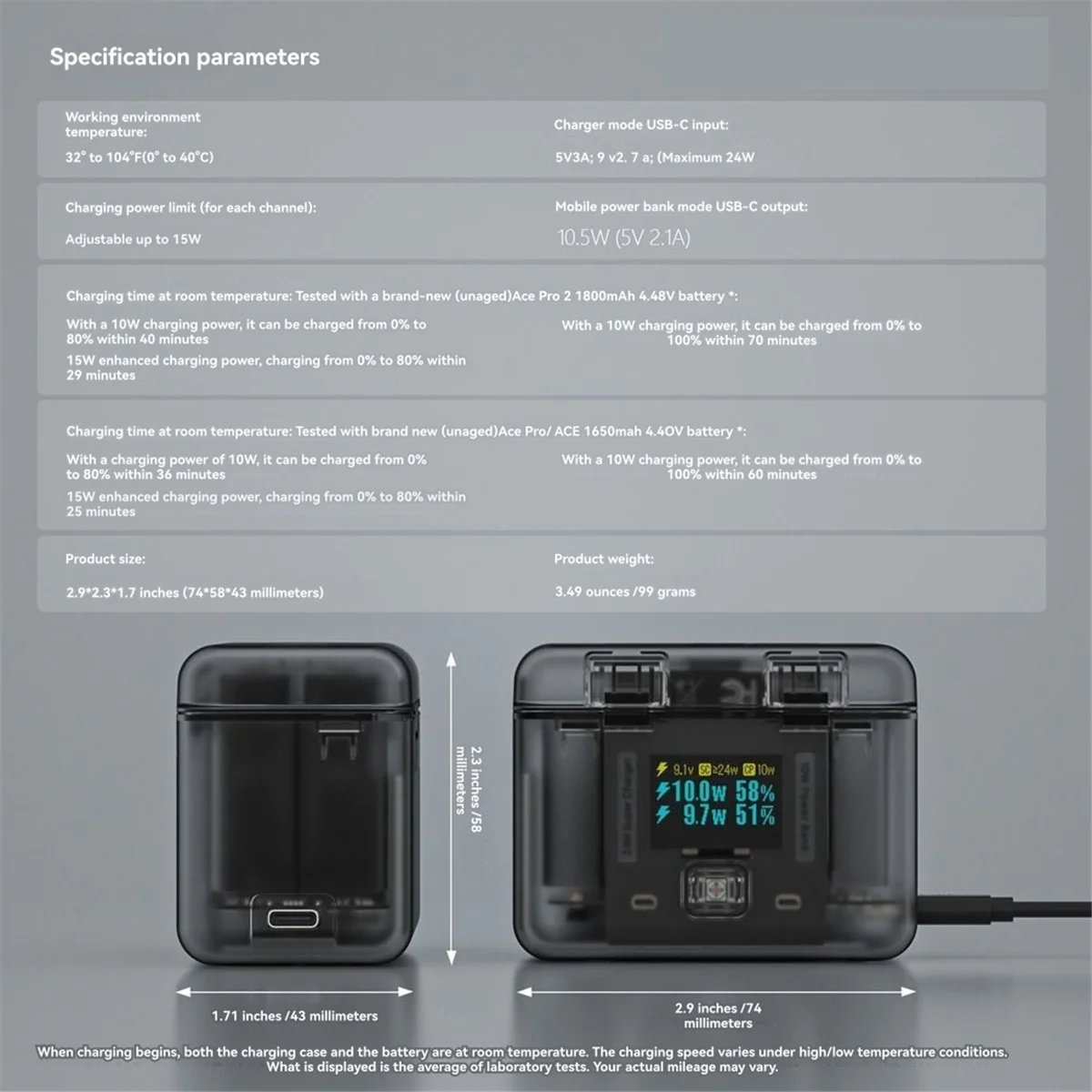 ABGV para caixa de carregamento rápido 0,96 polegadas OLED Display Storage Charger Case para acessórios profissionais