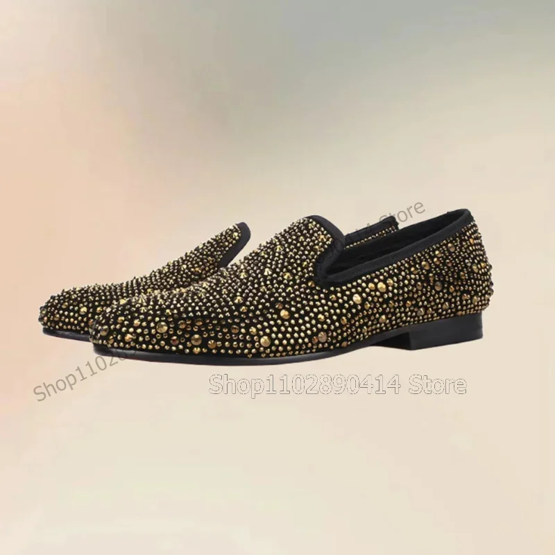 

Gold Rhinestone Decor Low Top Penny Loafers Fashion Slip On Men Shoes Luxurious Handmade Party Banquet Wedding Men Dress Shoes