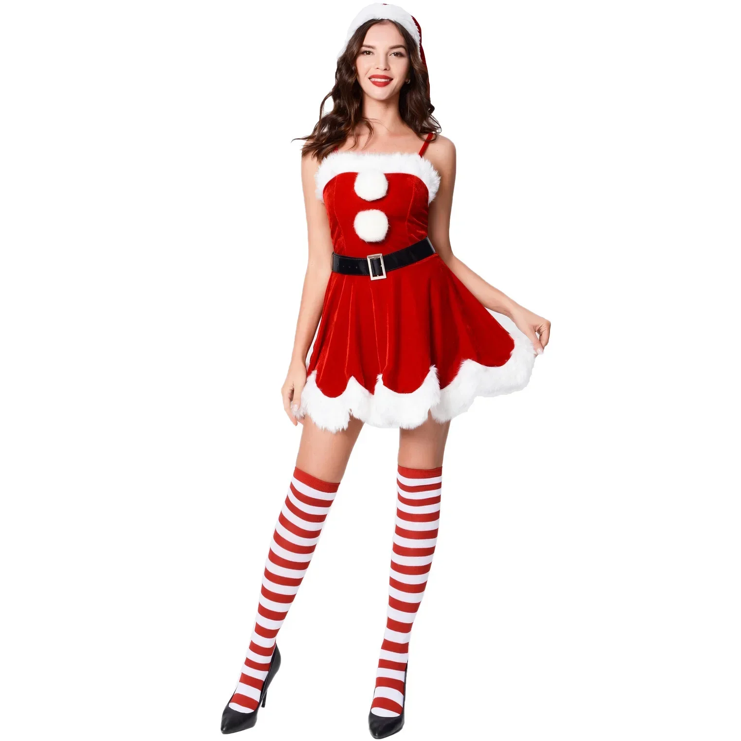 Papai Noel feminino Veludo Vestido de Natal, Fato Slim Fit, Cosplay, Festa de Natal, Sexy, Adultos