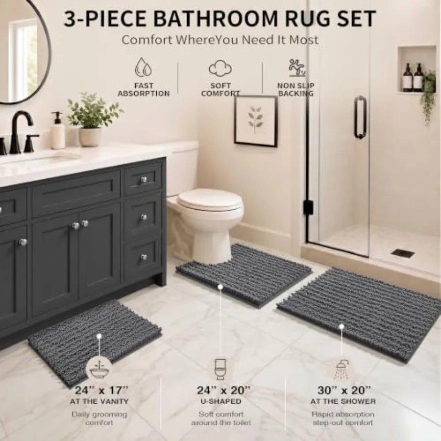 Bathroom Rug Set 3 Pcs - Super Absorbent Quick Dry Chenille Bath Mats and Toilet Rug, Non Slip Machine Washable, Extra Thick Sh
