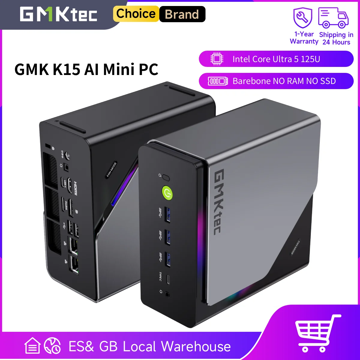 Mini PC GMKtec K15 Intel Core Ultra5 125U Barebone IA sans RAM, sans SSD, sans OS, compatible DDR5, NPU, WIFI6E, BT5.2, ordinateur de bureau pour le gaming
