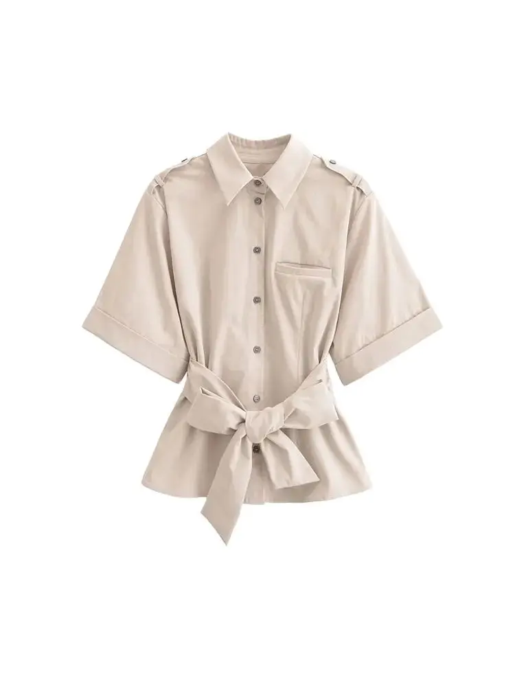 

TRZA Women's Fashion Belted Front Button Shirt Lapel Collar Short Sleeve Blouse Chic Female Top