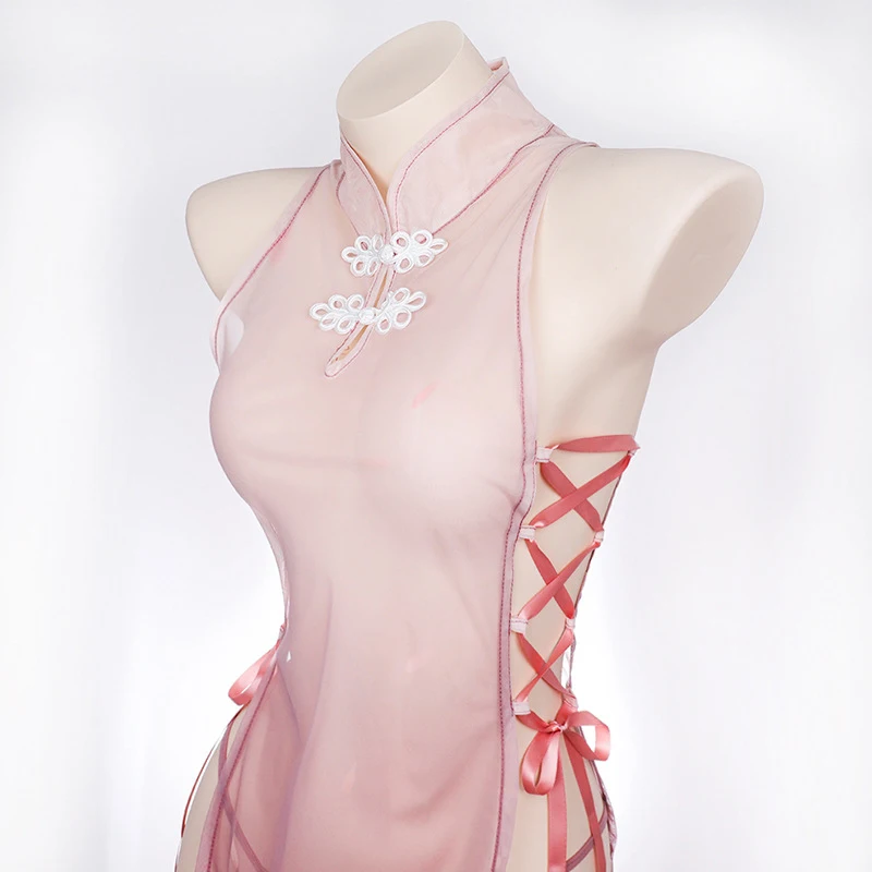 AniLV 2024 Spring New Pink Sakura Transparent Cheongsam Temperament Clothes For Women Moon Dress Outfits Set Erotic Costumes