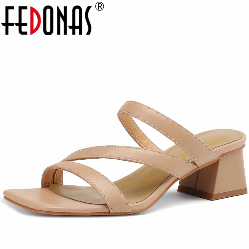 FEDONAS Thick Heels Women Sandals Genuine Leather Concise Comfortable Casual Working Office Ladies Slippers Summer Shoes Woman