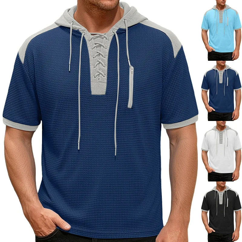 Hooded Short-sleeved European Size Contrasting Color Strap Placket Casual Sports T-shirt Men's Cw42700