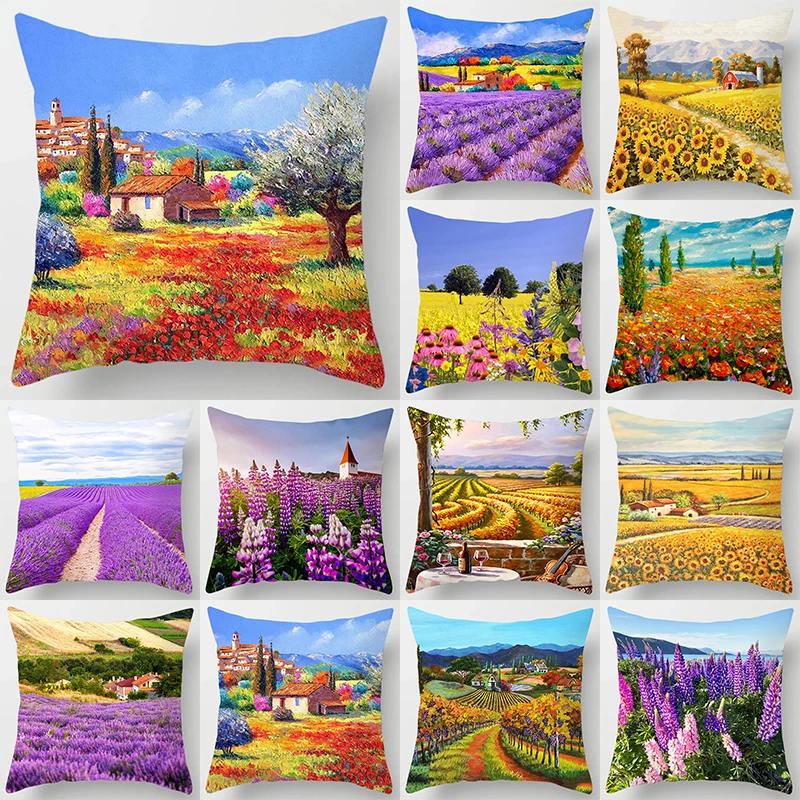 

Countryside landscape oil painting printed pillowcase lavender sunflower pillowcase home bedroom living room sofa cushion cover